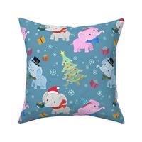 Precious Winter Baby Elephants in Christmas Attire with Decorated Trees and Gifts