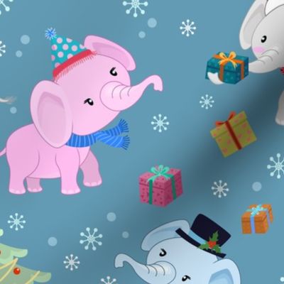 Precious Winter Baby Elephants in Christmas Attire with Decorated Trees and Gifts