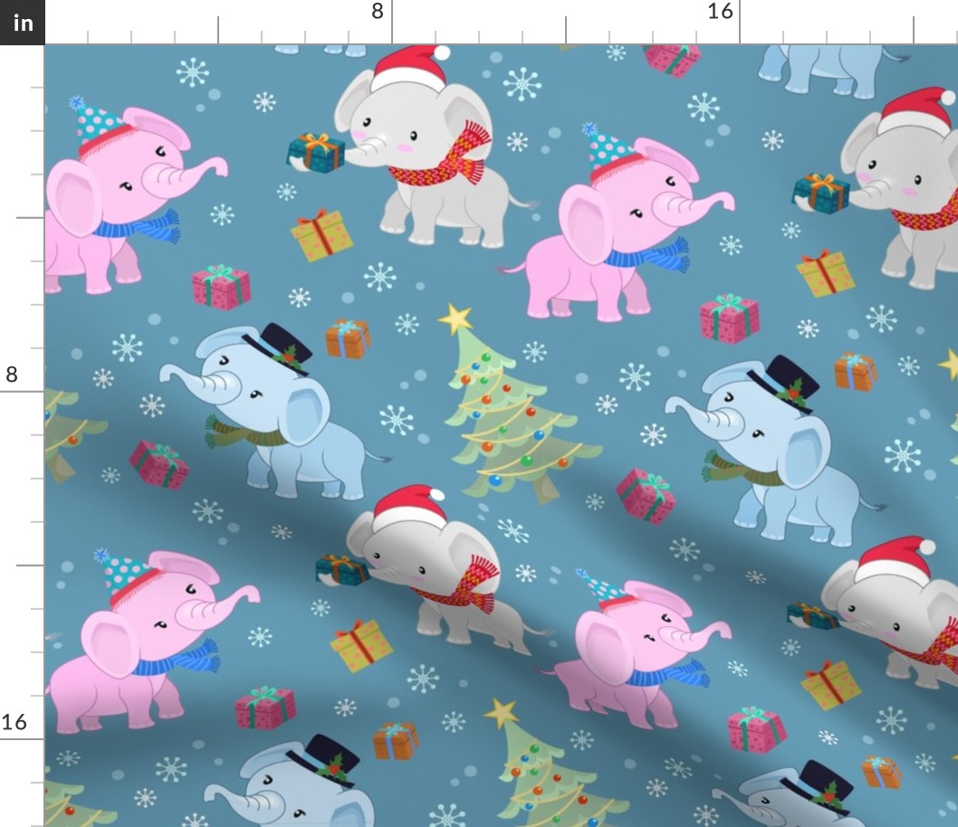 Precious Winter Baby Elephants in Christmas Attire with Decorated Trees and Gifts