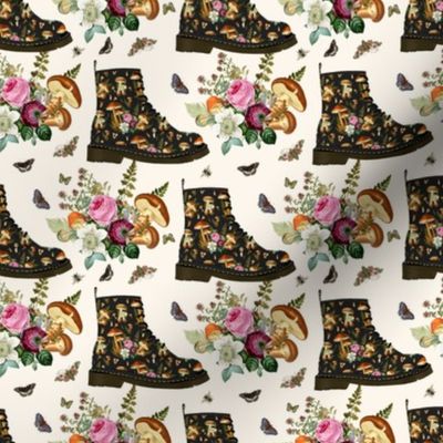 Floral Black Boots with Mushrooms in Ivory