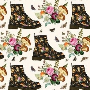 Floral Black Boots with Mushrooms in Ivory