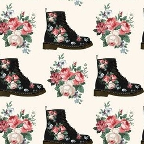 Floral Black Boots in Ivory