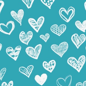 Hand drawn hearts Teal Blue White large