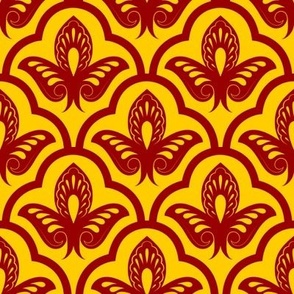 U of Southern California colors - Art Deco Floral Damask - Cardinal Red on Yellow