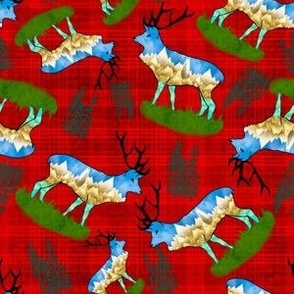Tossed mountain reindeer, elk on red Christmas tartan small