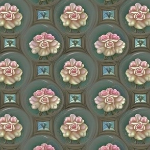 Pink Tea Roses on Muted Teal Medallions