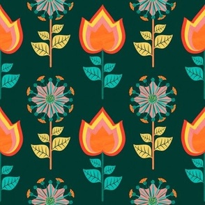 Pattern Illustration of Green and Orange Scandinavian Flowers
