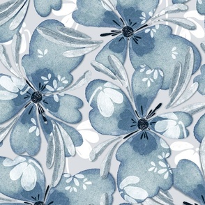 Floral splashes, Grey-blue flowers and on a light gray background