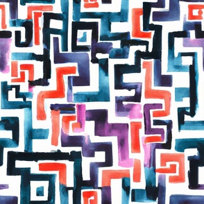 Watercolor Geometric Labyrinth : Blue , red orange and purple 