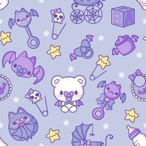 Baby Bat Nursery Pastel Goth Baby Shower Gothic Gender  Alt Kawaii Baby Carriage Teddy Bear Star Dark Blue Light Blue