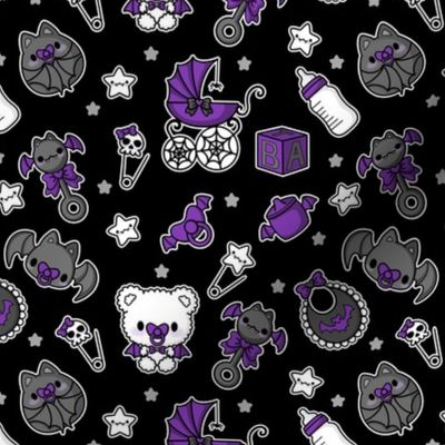 Baby Bat Nursery Digital Seamless Pattern Pastel Goth Baby Shower Gothic Gender Neutral  Alt Kawaii Baby Carriage Teddy Bear Black Purple