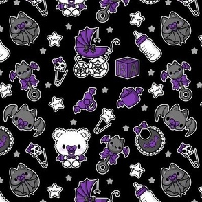 Baby Bat Nursery Digital Seamless Pattern Pastel Goth Baby Shower Gothic Gender Neutral  Alt Kawaii Baby Carriage Teddy Bear Black Purple