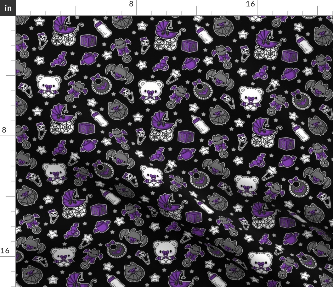 Baby Bat Nursery Digital Seamless Pattern Pastel Goth Baby Shower Gothic Gender Neutral  Alt Kawaii Baby Carriage Teddy Bear Black Purple