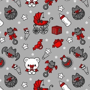 Baby Bat Nursery Pastel Goth Baby Shower Gothic Gender Neutral Alt Kawaii Baby Carriage Teddy Bear Star Grey Red