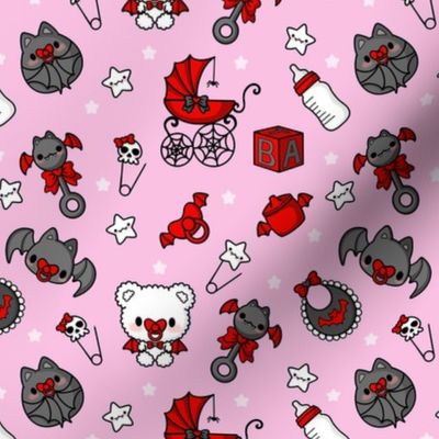 Baby Bat Nursery Pastel Goth Baby Shower Gothic Baby Girl Alt Kawaii Baby Carriage Teddy Bear Star Pink Red