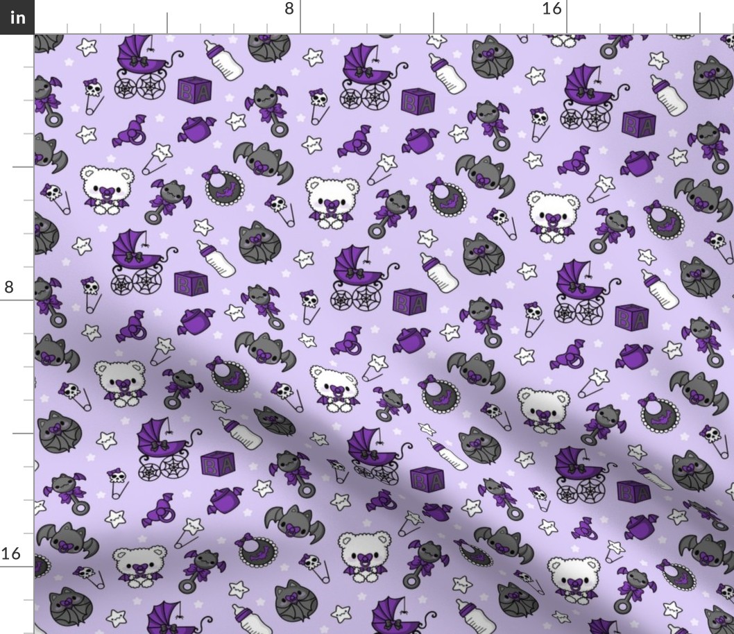 Baby Bat Nursery Digital Seamless Pattern Pastel Goth Baby Shower Gothic Gender Neutral  Alt Kawaii Baby Carriage Teddy Bear Lavender / Purple
