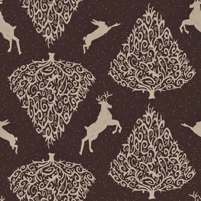 Rustic brown Christmas trees, stags & rabbits