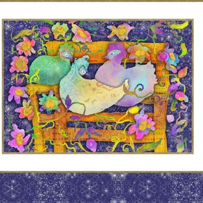 LARGE Framed Chicken & Flowers Wall Hanging Blue Sky 42x36
