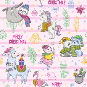 Fa la la llama. Merry Christmas Animals Little Unicorn Pony, Flamingo, Pig, Sloth, Panda Kids Novelty