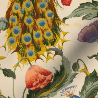 1890 Victorian Peacocks and Poppies - Large Scale