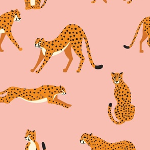 Golden Novelty Cheetahs Safari Animals Posturing on a Rose Pink Field