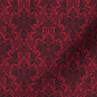  1910 Vintage Rococo Dragon and Vase Damask - Arkansas Colors - Off-Black on Cardinal Red