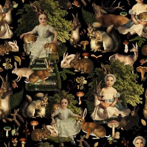 Victorian gothic halloween aesthetic wallpaper Fairytale, little girls and bunnies in autumn woodland -  black