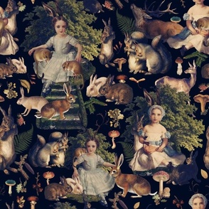 Victorian gothic halloween aesthetic wallpaper Fairytale, little girls and bunnies in autumn woodland -  night black