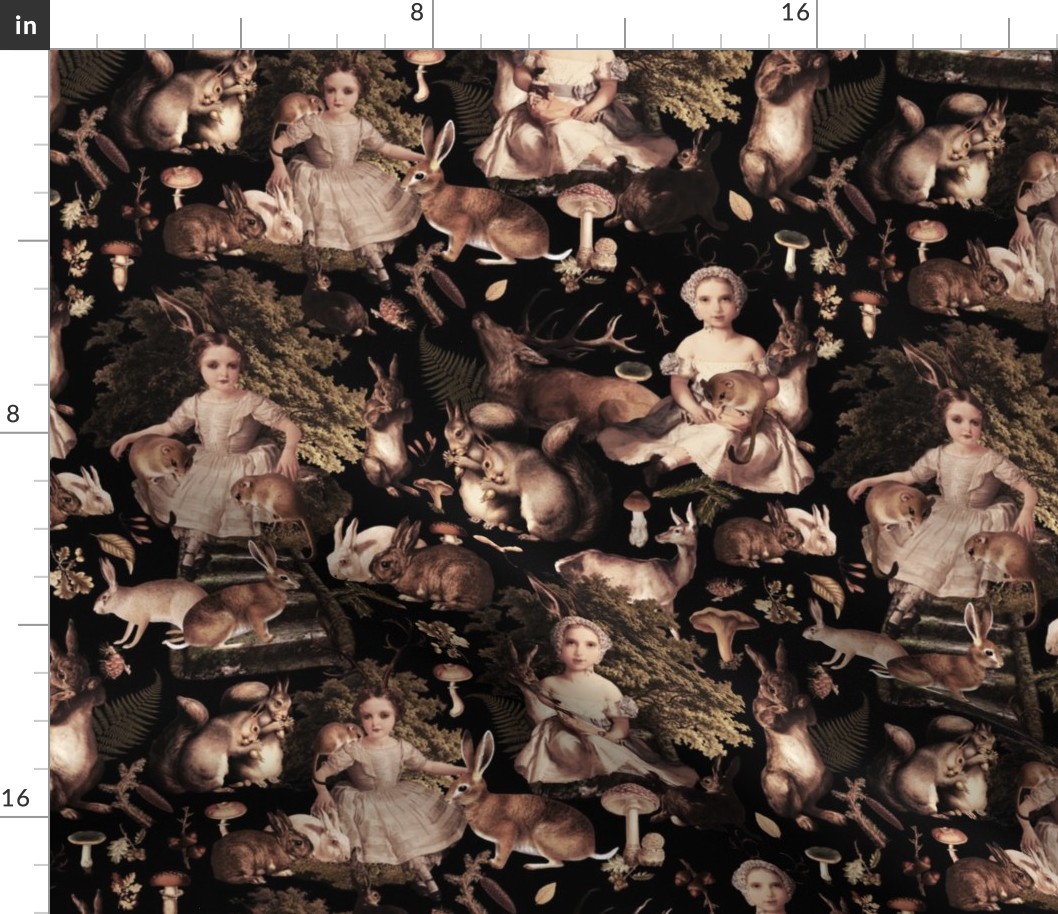 Victorian gothic halloween aesthetic wallpaper Fairytale, little girls and bunnies in autumn woodland - black sepia 