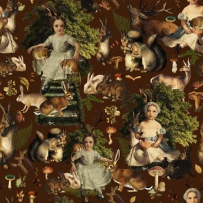 Victorian gothic halloween aesthetic wallpaper Fairytale, little girls and bunnies in autumn woodland - brown