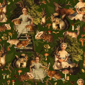 Victorian gothic halloween aesthetic wallpaper Fairytale, little girls and bunnies in autumn woodland - Dark Moody Floral green