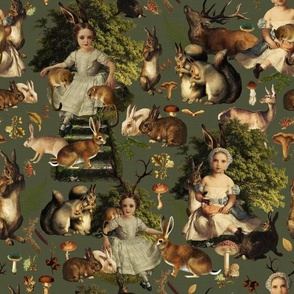 Victorian gothic halloween aesthetic wallpaper Fairytale, little girls and bunnies in autumn woodland -  sage green 