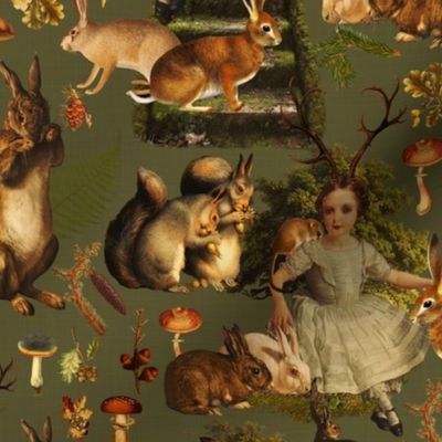 Victorian gothic halloween aesthetic wallpaper Fairytale, little girls and bunnies in autumn woodland -  oliv green
