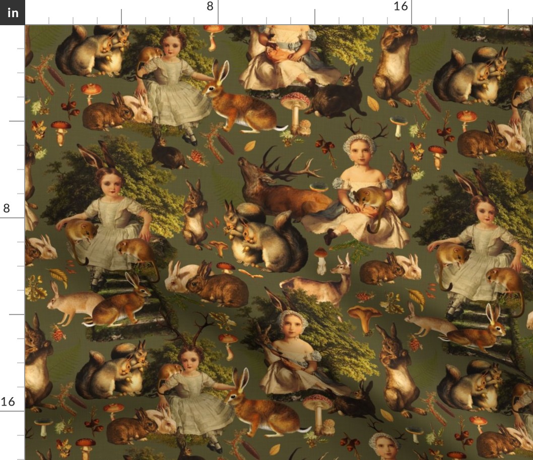 Victorian gothic halloween aesthetic wallpaper Fairytale, little girls and bunnies in autumn woodland -  oliv green