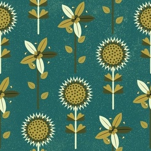 Pattern Illustration of Teal Olive Scandinavian Flowers