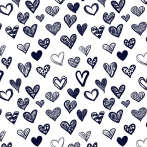 Hand drawn hearts Dark Blue White medium || valentine love navy sweet