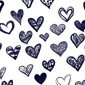 Hand drawn hearts Dark Blue White large