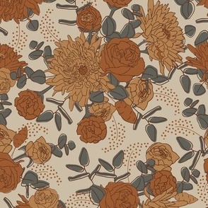 Vintage fall peony and rose floral bouquet in rust and gold