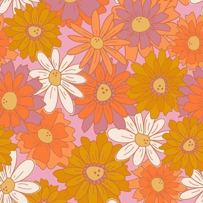 Lilac and gold retro floral - medium scale on lavender