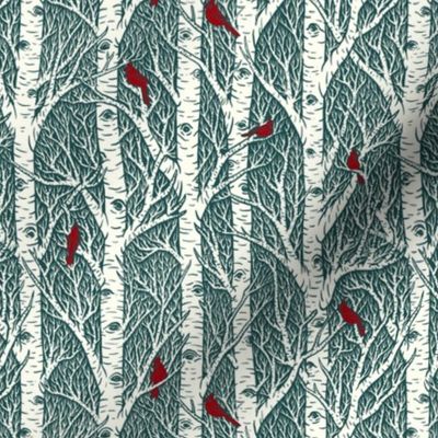 Cardinals & Birches // teal background // medium scale // 7"