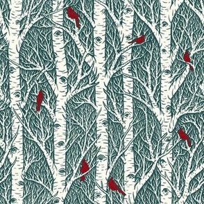 Cardinals & Birches // teal background // medium scale // 7"