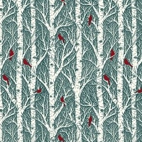 Cardinals & Birches // teal background // small scale // 4.2"