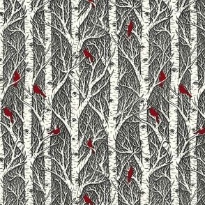Cardinals & Birches // black background // small scale // 4.2"