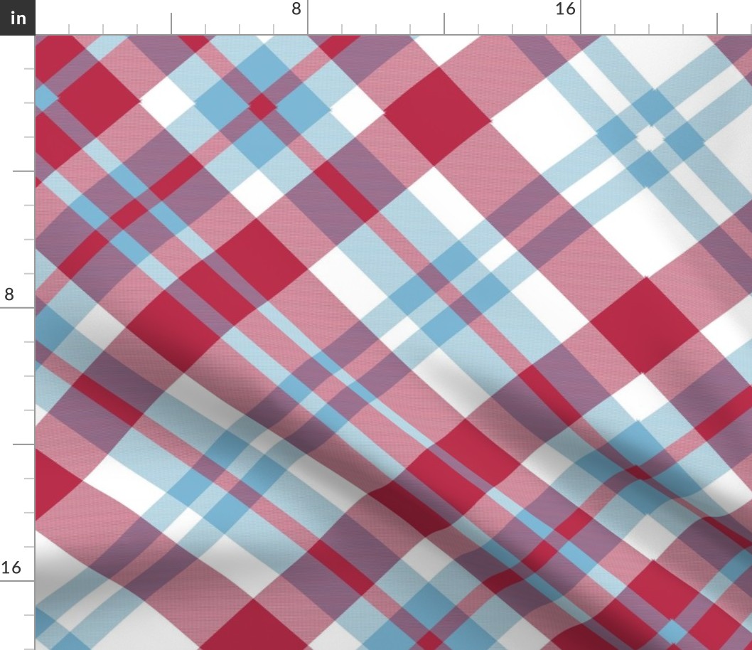 Nine Boxes Plaid in Red White and Sky Blue 45 degree