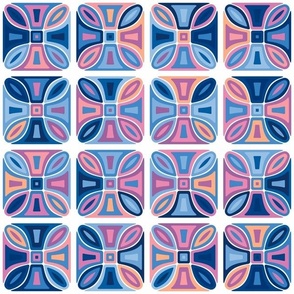 Stained Glass Kaleidoscope Squares in Sky Blue Sunrise Palette