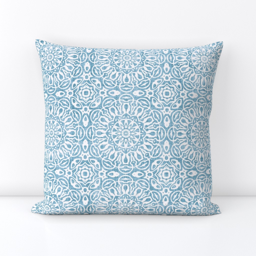 Ornate Floral Mandala Block Print in Vintage Faded Blue and White