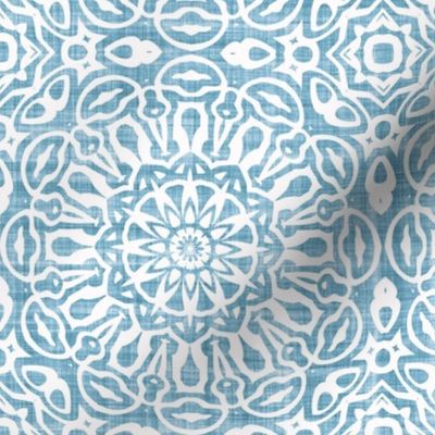 Ornate Floral Mandala Block Print in Vintage Faded Blue and White