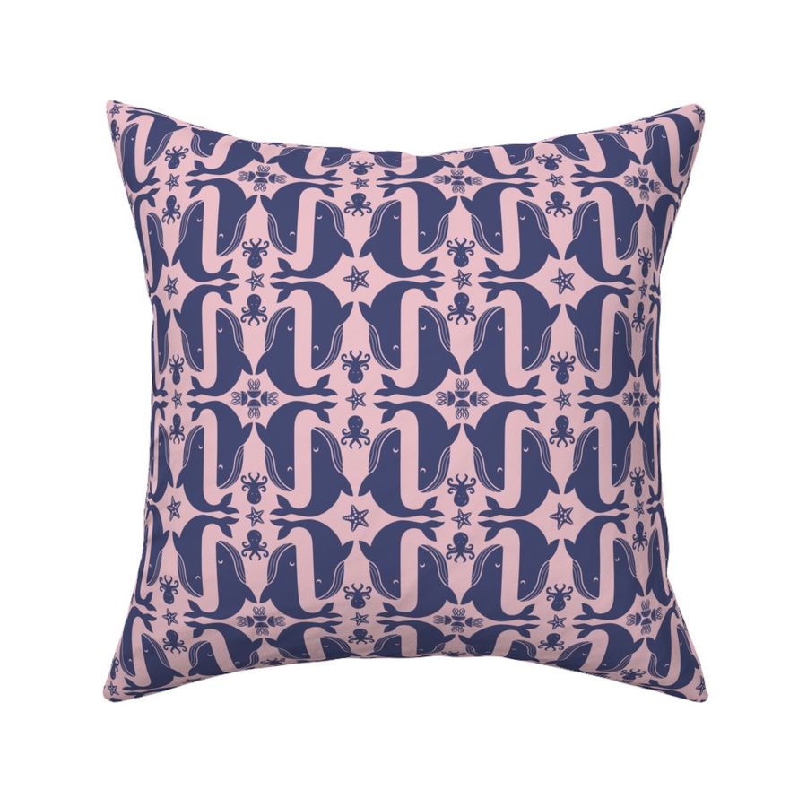 Humpback Whale Song with Starfish, Jellyfish, & Octopus in Navy on Pink, small, ROTATED