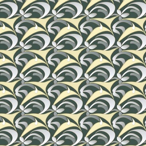 Yellow and Silver Art Deco Abstract Floral on Forest Green