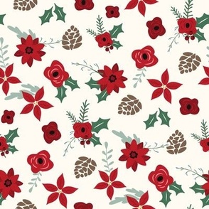 MEDIUM christmas floral fabric - christmas poinsettia fabric, holly, red florals